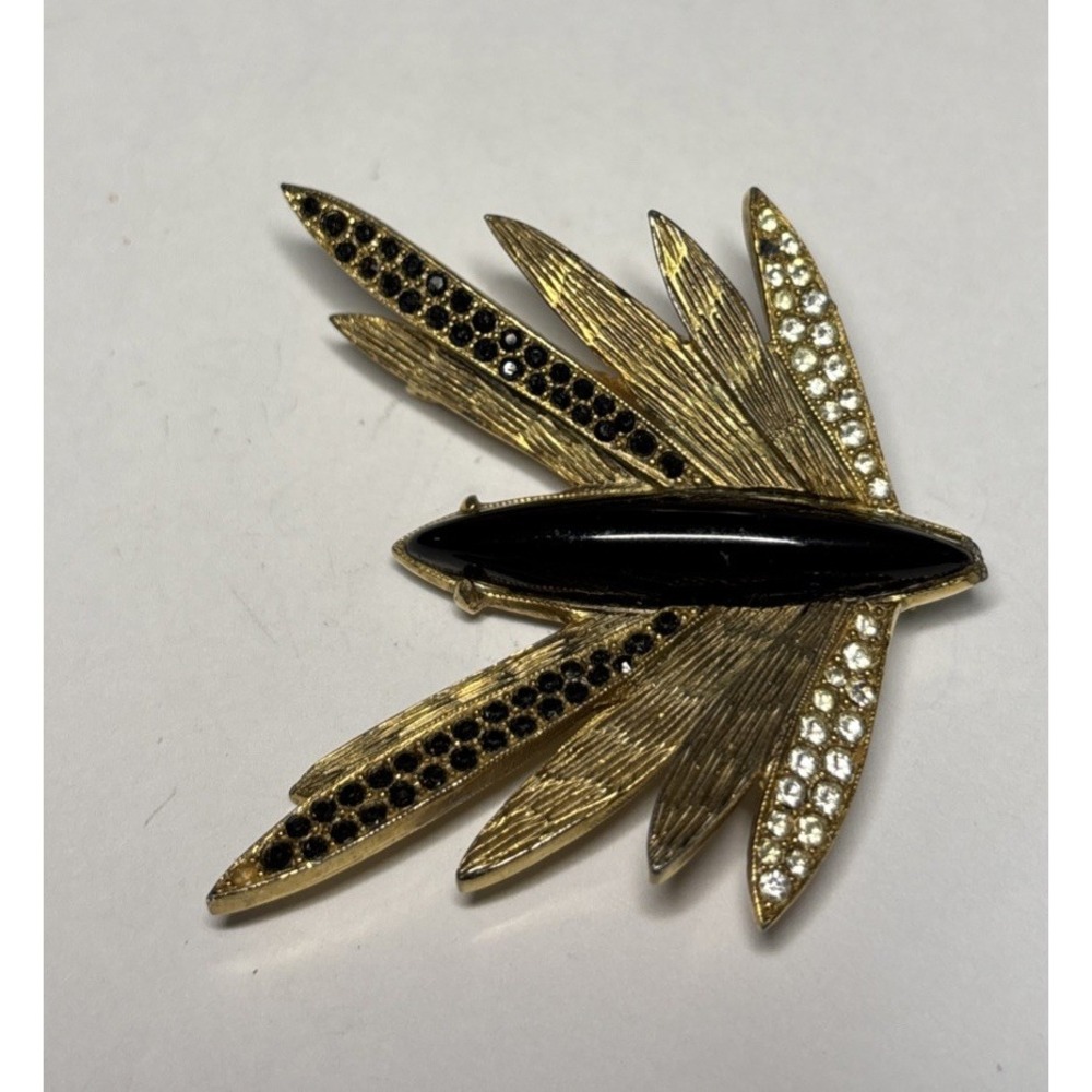 Vintage Black Cabochon Rhinestone Leaf Spray Brooch Gold Tone Statement Pin